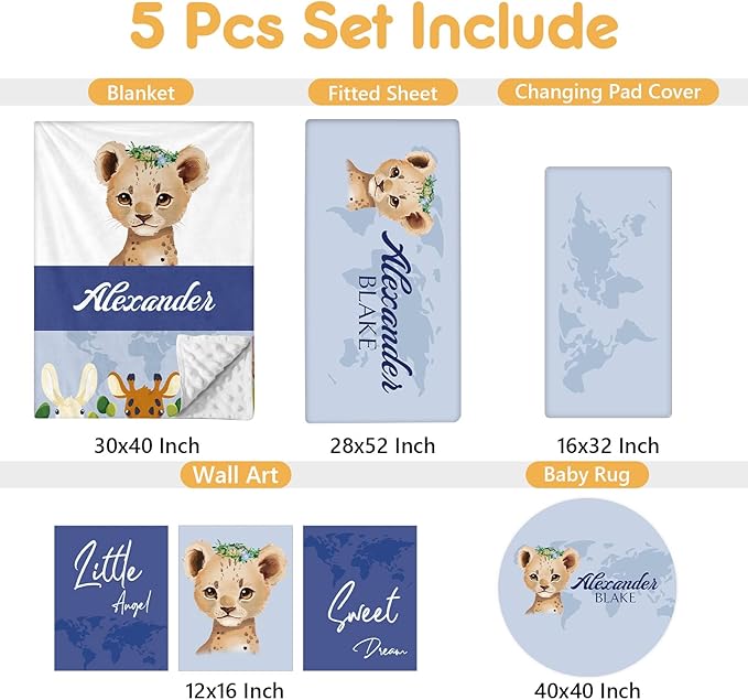 Personalized Baby Crib Bedding Set, 5 Pcs Custom Name Nursery Bedding Set, Deep Blue Leopard Baby Bedding Set for Boys, Double Layer Baby Crib Sets, Customized Gifts for Toddlers Kids Infants