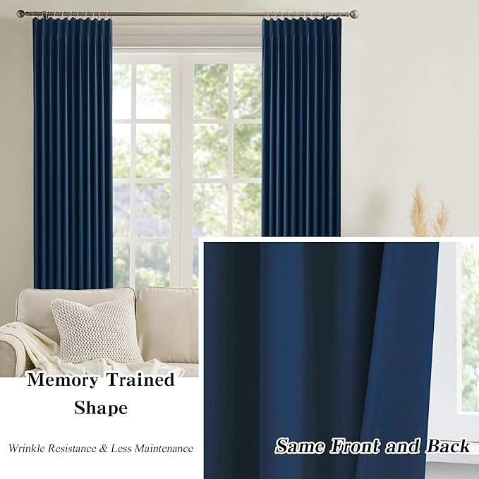 KEQIAOSUOCAI Pinch Pleated Blackout Curtains 2 Panels Set, Thermal Insulated Room Darkening Privacy Window Curtain Panels for Bedroom(Navy Blue, 40 inch Wide x 63 inch Long)