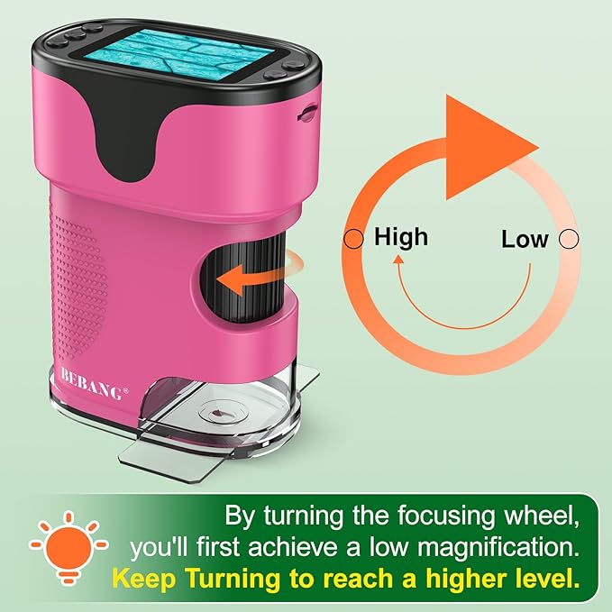 1000X Handheld Microscope for Kids 4K 2.0" Screen Rechargeable Mini Pocket Digital Microscopes w/Slides Kit Portable Edu Gift Age 4-6 8-12 Children Students (Pink)