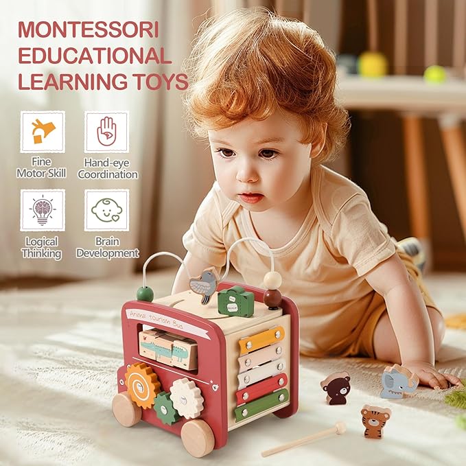 EERKEOD Wooden Activity Cubes for Toddlers Montessori Toys for Boys Girls Educational Learning Toys for Kids Wooden Toys for First Birthday Gift