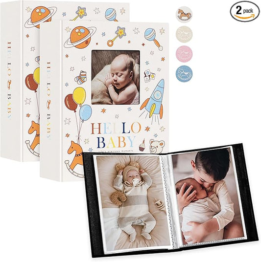 Lanpn Baby Photo Album 4x6 100 Pockets 2 Packs, Mini Linen DIY Window Newborn Bebe Album Memory Book Sets, Holds 100 Top Loader Vertical Pictures Gift for Kids Boy Girl Baby Shower, Colorful