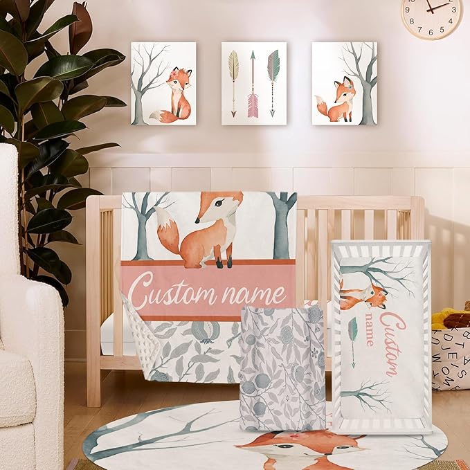 Personalized Nursery Crib Bedding Set: Custom Name 5 Piece Baby Crib Sets with Cute Fox Pattern - Toddler Double Layer Blanket Set, Comfortable Crib Bed Sheets for Baby Grils