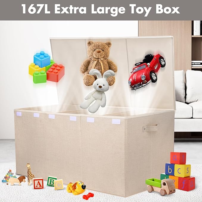 Extra Large Toy Box 167L, Sturdy Toy Storage Chest Organizer Bin Baskets with 2 Removable Divider for Boys, Girls, Kids, Nursery, Bedroom, Playroom, 35.5"x17" x17" (Linen Beige)