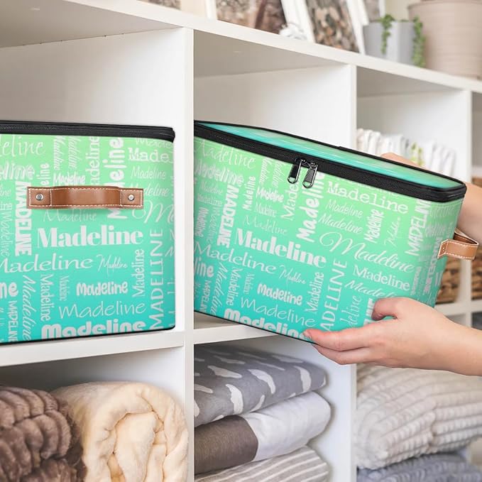 Custom Storage Basket with Name, Personalized Storage Bins with Zipper Lid, Foldable Fabric Storage Box Large capacity with Handle Green Blue