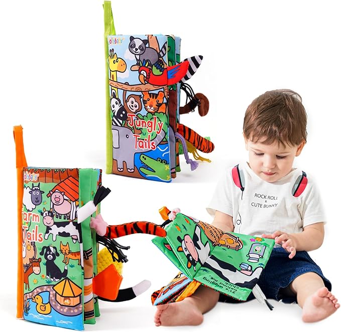 Jollybaby 2 PCS Sensory Touch and Feel Crinkle Books for Baby 0-6 Months, Jungle Farm Tails Montessori Car Set Toys for Tummy Time Newborn 6-12, Soft Fabric Cloth Books for Infant 1 Year Old Gift