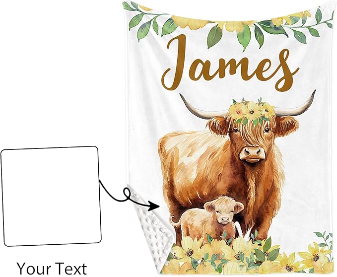 Personalized Baby Crib Bedding Set, 5-Piece Highland Cow Design Baby Crib Sets with Custom Name, Toddler Double Layer Blanket Fitted Sheets Changing Pad Cover Rug Wall Art Set, Charming Nursery Decor