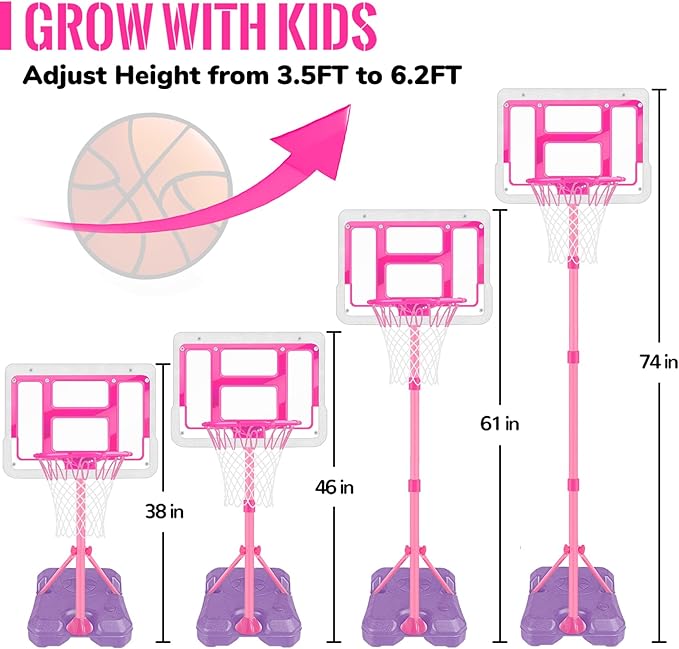 Kids Basketball Hoop with Stand, Adjustable Basketball Set, Toddler Basketball Toys for Boys Age 3 4 5 6 7 8, Indoor Outdoor Backyard Sport Game Gifts Pink