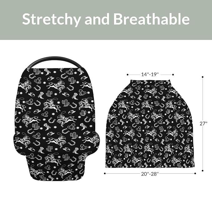Country Western Car Seat Cover for Baby Cowboy Hat Boots Horse Cactus Stretchy 5-in-1 Covers Adjustable Car Canopy Breastfeeding Cover Wild West Desert Breathable Nursing Cover-Up