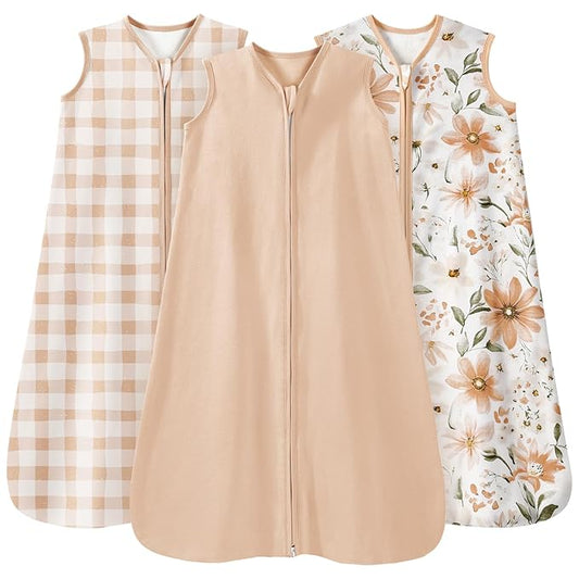 Baby Sleep Sack 12-18 Months 3 Pack 100% Cotton Lightweight 0.5 TOG Wearable Blanket Baby Sleep Bag with 2-Way Zipper for Newborn Infant Orange Flowers & Plaid