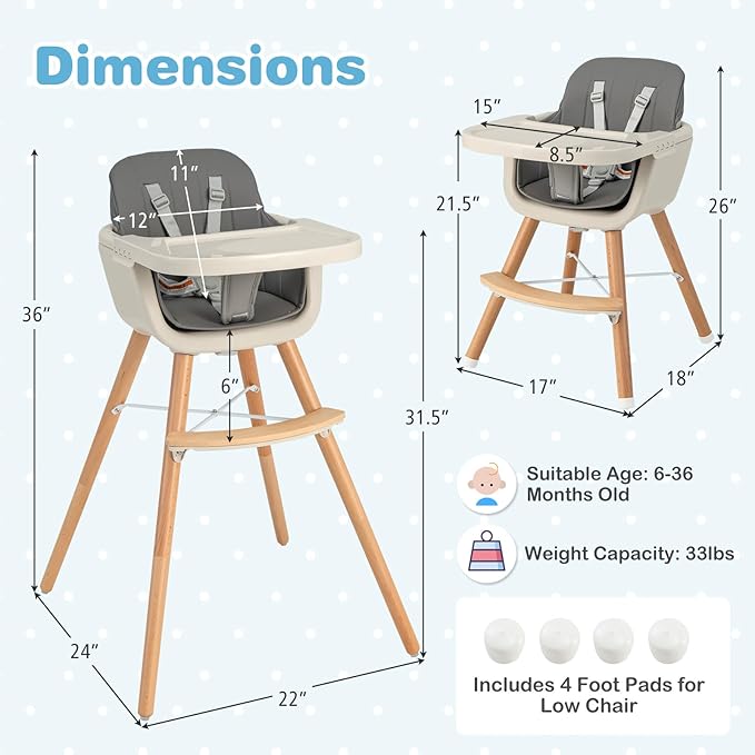 HONEY JOY Baby High Chair, 6-in-1 Eat & Grow Wooden Highchair/Toddler Chair with Removable Tray, 5-Point Harness, PU Cushion and Footrest, Convertible High Chair for Babies and Toddlers(Dark Gray)