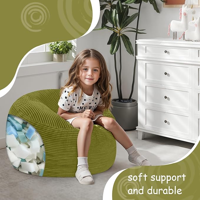 COMAX Kids Bean Bag Chair Turn into Beanbag Bed, Toddler Bean Chair Corduroy for Girl Boy Sleeping, Lazy Children Bean Bags with Filler, Convertible Child Floor Mattress, Light Green