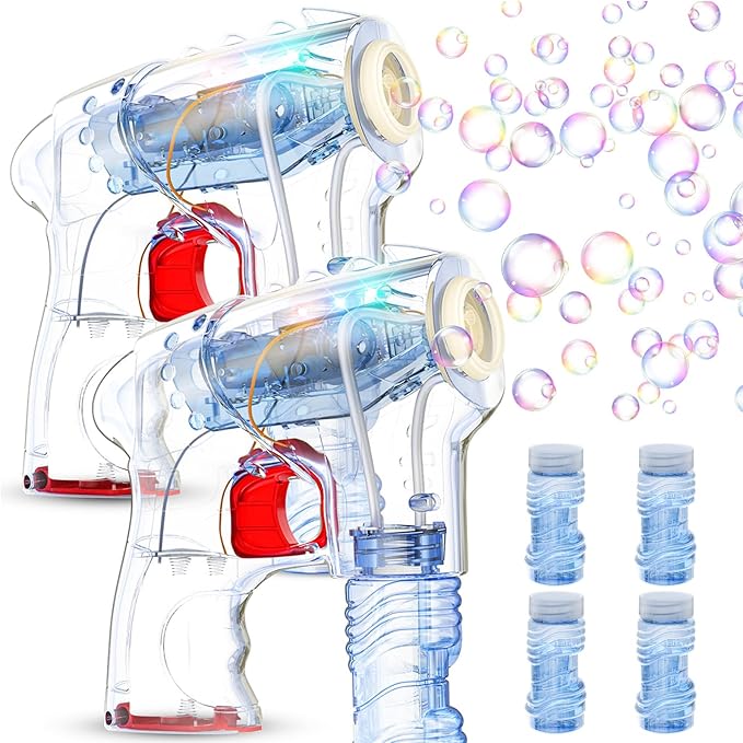 Kid Odyssey 2 Pack Bubble Gun with 4 Refill Solution and 3 Colorful LED Light, Bubble Machine for Kids, Bubble Maker for Party Favors, Birthday Gift, Indoor Outdoor Toys for Toddlers