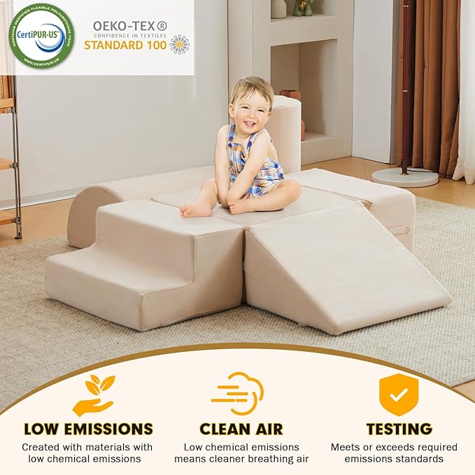 jela Foam Blocks 6Pcs Soft Play Equipment Luxury Miss Fabric, Toddler Climbing Toys Indoor Soft Play Climbing for Toddlers, Lightweight Climbing Blocks for Babies, Kids, Climb and Crawl Foam Playset