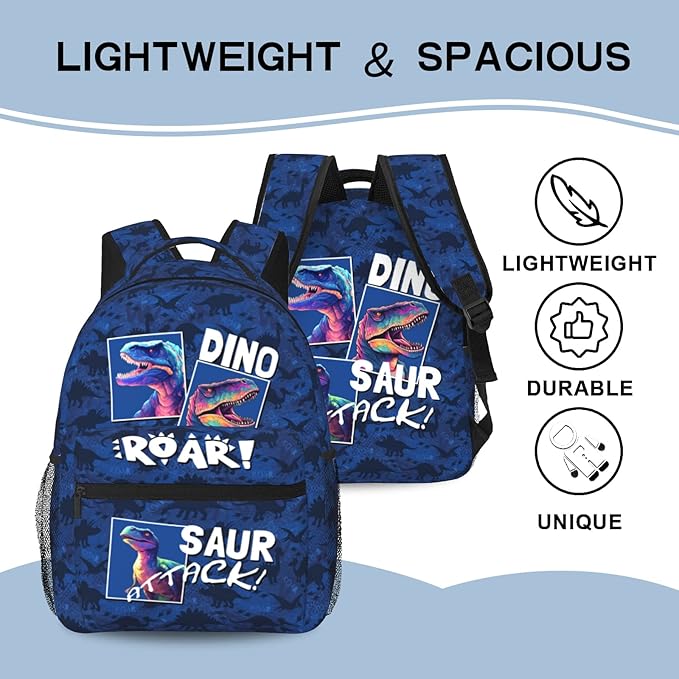 Dinosaur Backpack for Kids Boys Girls, ROAR! DINO SAUR ATTACK! Cartoon Dinosaur Pattern School Bag, Lightweight Ergonomic Durable Bookbag for Age 5-12, Ideal for School Outdoor Travel Daypack