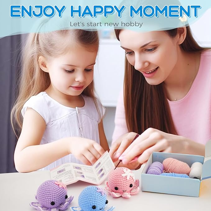 Crochet Kit for Beginners, Make 3 Amigurumi Crochet Animals with Step-by-Step Video Tutorials, Complete Starter Kit for Adults, Kids and Teens, Perfect DIY Craft Gift to Learn Crocheting