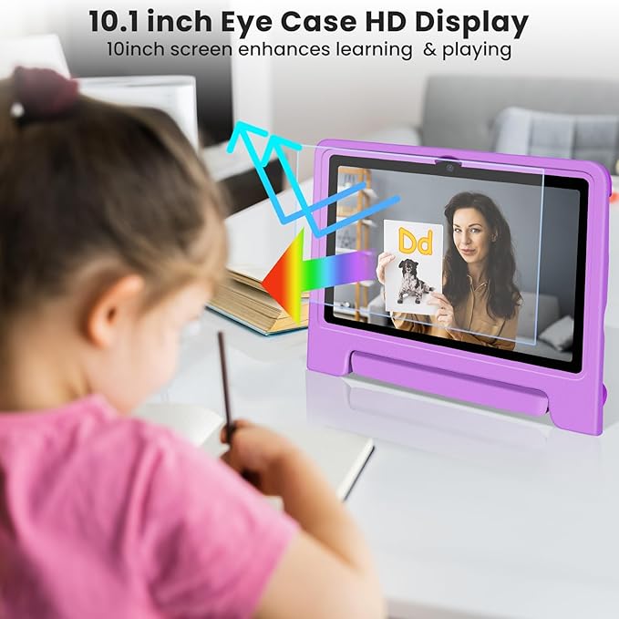 Kids Tablet 10.1 inch Android 14 Octa-Core 64GB 6000mAh Kids Space Parental Control 1280 * 800 HD Touchscreen Shockproof Case Dual Camera Gift for Toddler Children (Purple)