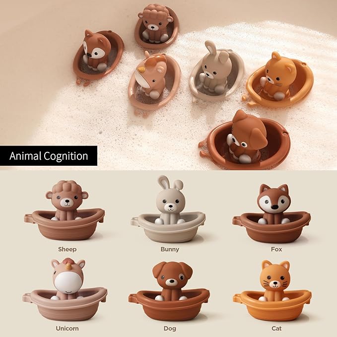 Nueplay Bathtub Toys for Toddlers 18M+，Baby Bath Toys with Animal Finger Puppets， Stackable Boat Train ，Gift for Baby & Toddlers Set of 12