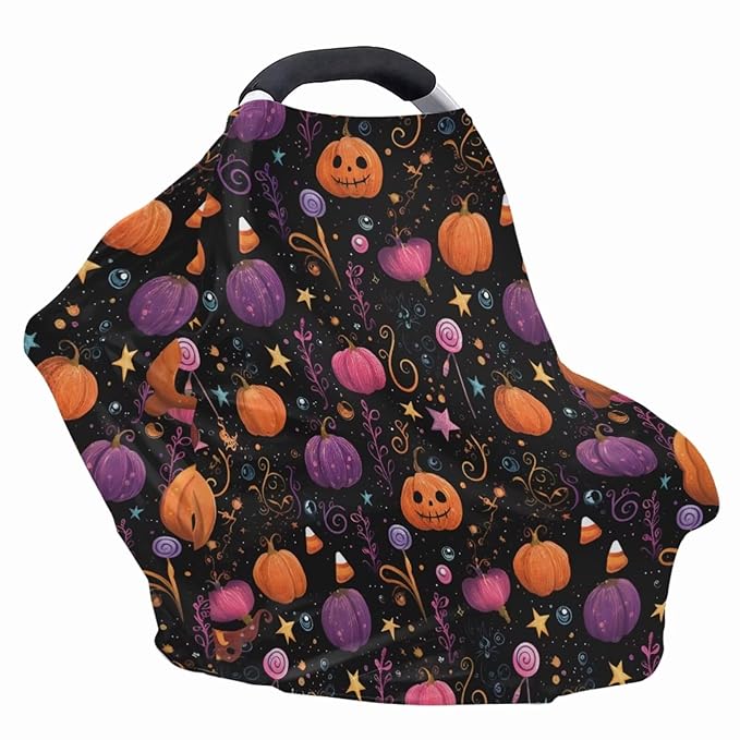 Binienty Infant Carseat Canopy, Cute Halloween Pumpkin Nursing Cover Soft Breathable Baby Car Seat Covers, Gifts for Mom Lover Wife