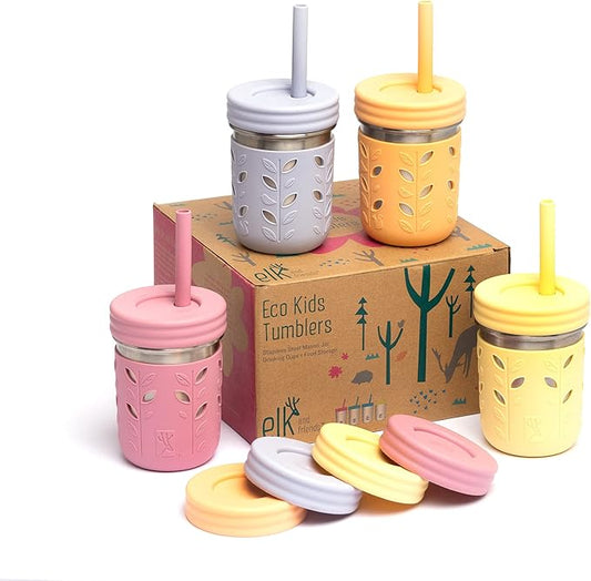 Elk and Friends 10oz Stainless Steel Kids + Toddler Drinking Cups | The Original Mason Jars with Lids + Sleeves + Straws | Smoothie Cups | Spill Resistant | Dishwasher Safe | 4 Pack