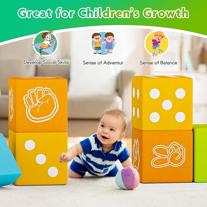 UMOMO 6 PCS Foam Climbing Blocks for Toddlers, Dice & Rock-Paper-Scissors Game Modes, Colorful Modular Play Set for Kids - Safe Indoor Activity Toy for Preschool Playroom (Orange-Yellow)