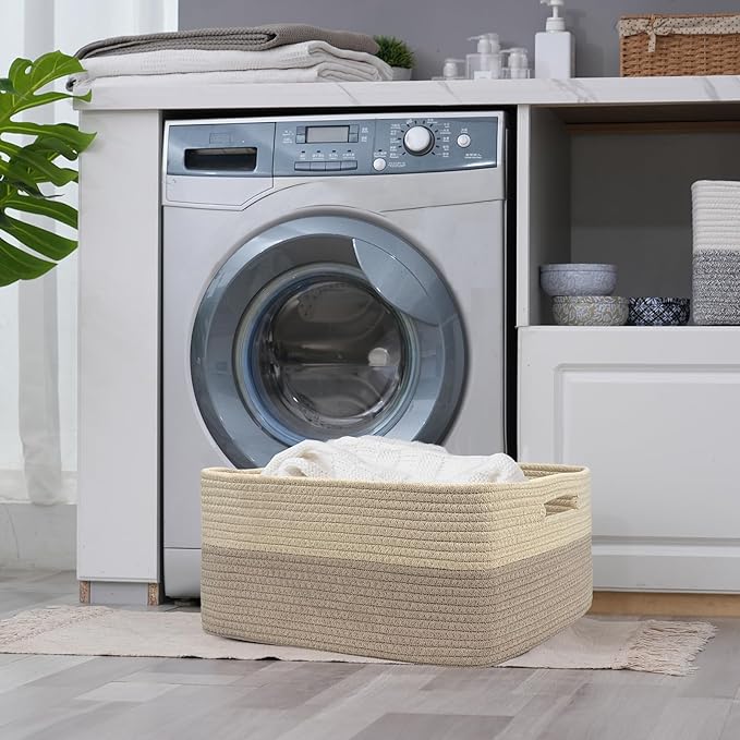 COMFY-HOMI Cotton Rope Woven Basket with Handles for Shelves,Toys,Book, Cloth Storage Baskets for Organizing-17" x 13" x 7.5" Toy Decorative Organizer for Living Room, Bathroom （Beige brown）