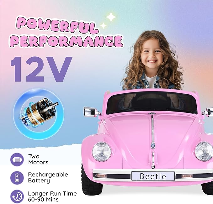 12V Kids Electric Car, Power Wheels with Remote Control, Ride on Car Toys with LED Light, 3 Speeds, Music, Pink