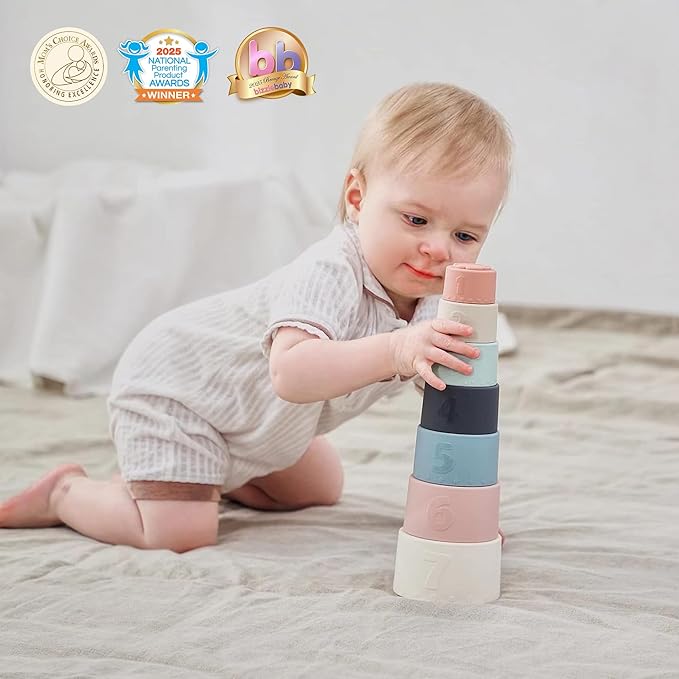 Moonkie Stacking Cups Toy, Fun Educational Baby Toys Silicone Soft Teething Toy, Age 6+ Months, 7 Piece Set