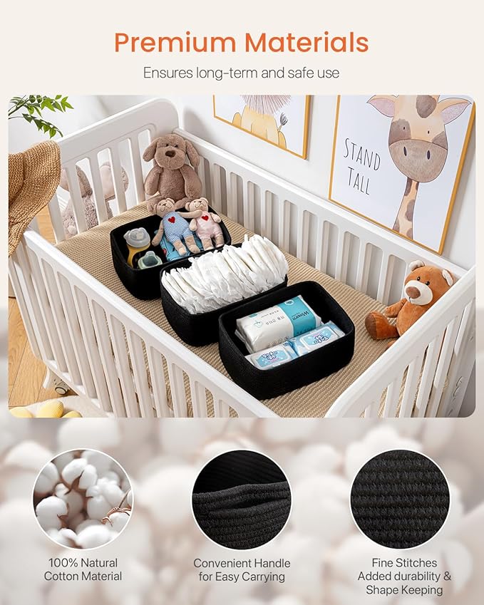 KALLAX Small Woven Basket, 13.5 x 9.5 x 5 Inches, Storage Basket for Organizing, Cute Small Rope Shelf Closet Cube Storage Bins Baskets for Shelves, Dog Toy Gift Baskets Empty, 3 Packs, Black