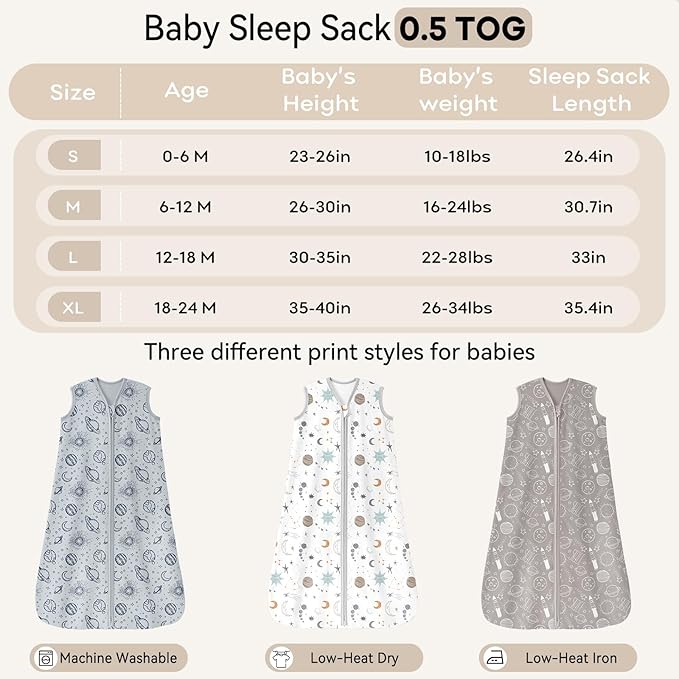 Baby Sleep Sack 12-18 Months 3 Pack 100% Cotton Lightweight 0.5 TOG Wearable Blanket Baby Sleep Bag with 2-Way Zipper for Newborn Infant White Gray Blue Space