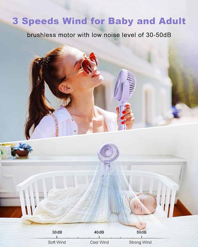 Stroller Fan Clip on for Baby, 4000mAh Rechargeable Battery Operated, Flexible Tripod, 3 Wind Speed, 360° Rotatable, Small Portable Fan for Car Seat Crib Backseat Beach Travel Camping, Purple