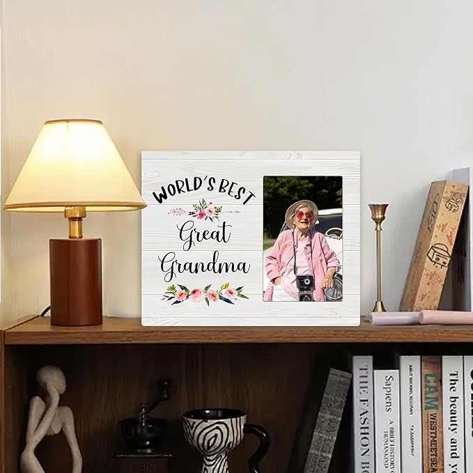 Great Grandma Picture Frame - Great Grandma Gifts, Great Grandma Baby Announcement Photo Frame, World's Best Great Grandma Wooden Frame for Tabletop or Wall Hanging 4x6 Photo