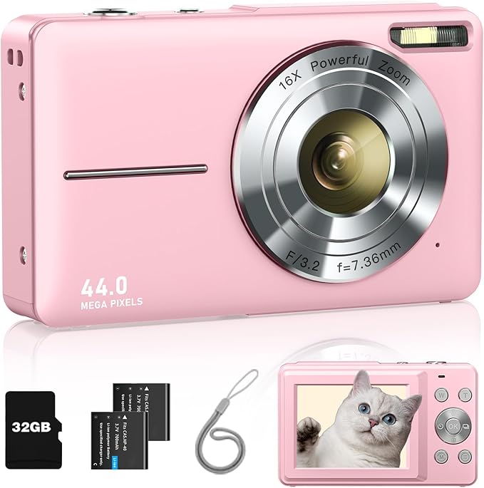 Digital Camera, FHD 1080P Point and Shoot Kids Camera, with 32GB Card, 2 Batteries, 16X Zoom Anti Shake Date Stamp, Compact Portable Small, for Starter Kid Children Teen Student Girl Boy(Pink)