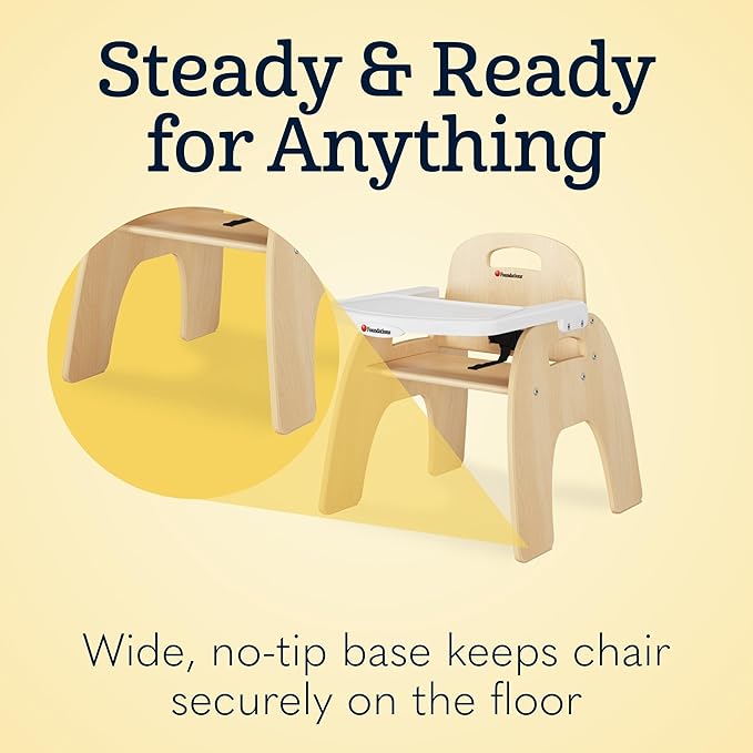 Foundations Easy Serve Low Wood Feeding Chairs Multipack, Adjustable Harness, Removable Dishwasher Safe Tray, No-Tip Base, Stackable Toddler Chairs, 2 Pack (9 inch)