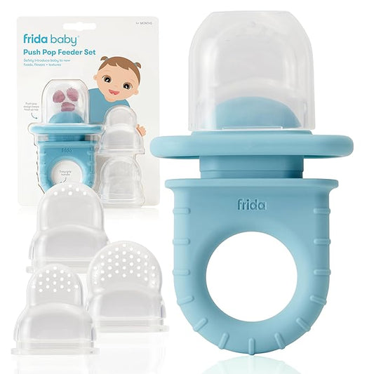 Frida Baby Push Pop Feeder, Baby Fruit Food Feeder to Safely Introduce New Foods, Fresh + Frozen, Silicone, BPA Free, Dishwasher Safe | 3 Count, Blue