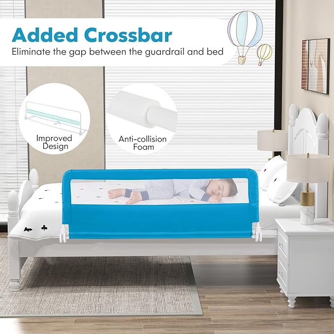 BABY JOY Bed Rails for Toddlers, 59'' Extra Long, Swing Down Bed Guard w/Safety Straps, Folding Baby Bedrail for Kids Twin, Double, Full Size Queen & King Mattress (Blue, 59-Inch)