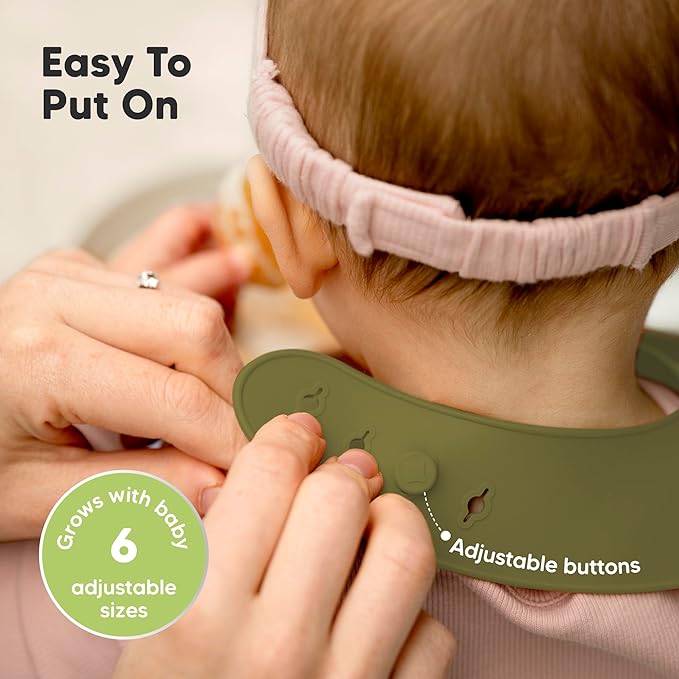 KeaBabies 2-Pack Silicone Baby Bibs for Eating - Sturdy Food-Grade Silicone Bibs for Babies Girl, Boy, Large Food Catcher, Clean & Put On Easily, Waterproof Toddler Feeding Essentials (Olives)