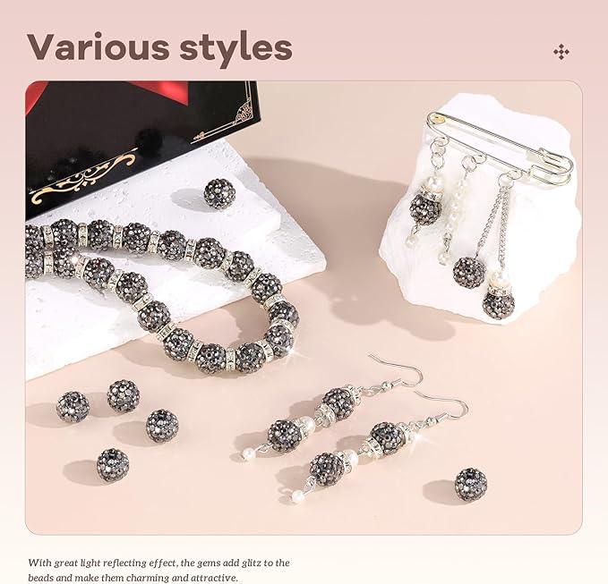 200pcs 10mm Rhinestone Beads for Jewelry Making, Hematite Shiny Round Disco Ball Beads Bulk, Sparkle Crystal Clay Christmas for Bracelet Baseball Necklace Earring Crafting and DIY