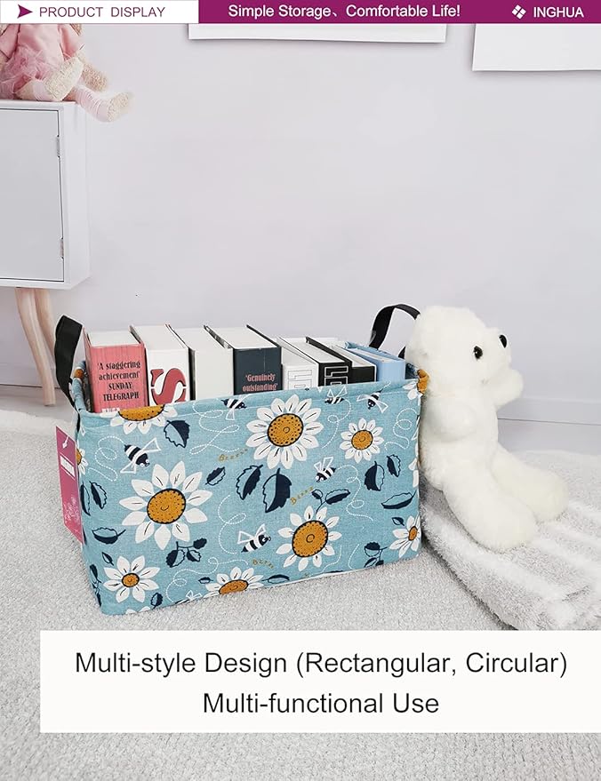 Rectangular Storage Basket Fabric Organizer Bin for Toys,Books,Clothes,Gifts,Pets-Perfect for Home,Office,Nursery,Dorm,Shelf(Rec Sunflower)