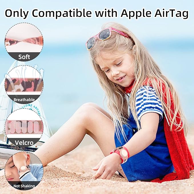 Compatible with Apple AirTag Bracelet for Kids, Camo Nylon Air Tag Wristband, Protective Case for Airtag GPS Tracker Holder, Adjustable Anti Lost Watch Band for Toddler Child Elder (Pink)