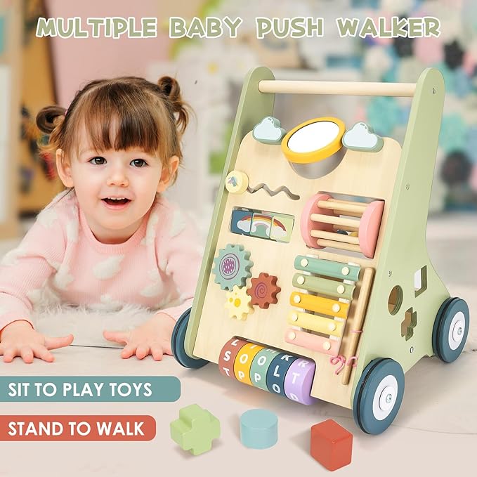 Baby Push Walker, Wooden Baby Walker with Wheels, Montessori Push Walker for Babies 6-12 Months, Push Walking Toys for Boys&Girls 1 Year Old, Gifts for Toddler