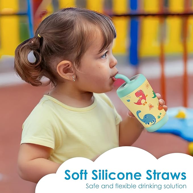 Kid Insulated Stainless Steel Tumbler with Silicone Straw, 12oz Sippy Cup for Kids (Playful Dinosaurs)