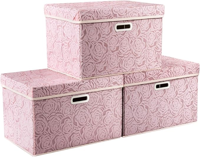 Prandom Larger Foldable Storage Boxes with Lid,Rose Pattern Fabric Decorative Storage Box,Cubes Organizers,Baskets with Handles,For Bedroom,Closet, Living Room,Pink,45x30x30cm[3-Pack]