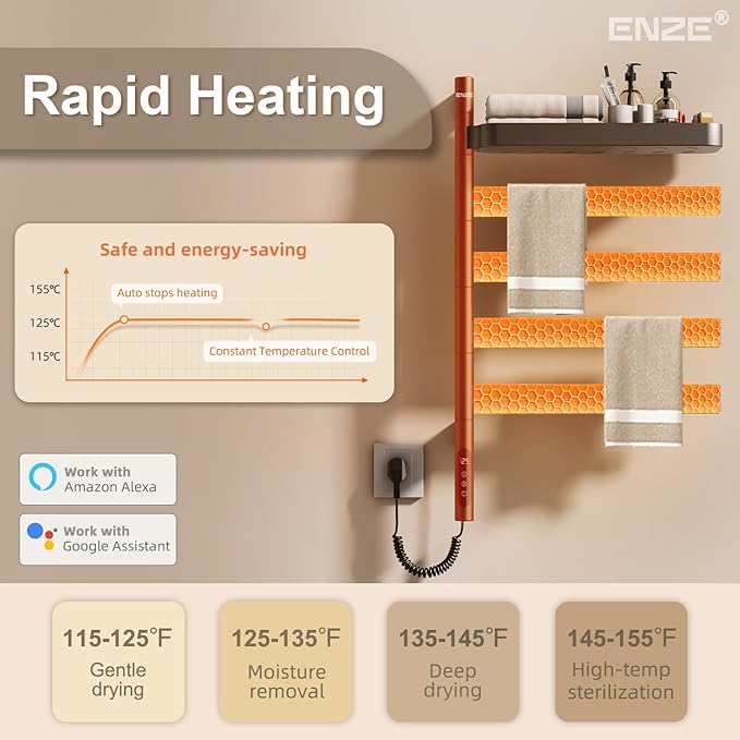 ENZE Smart Rotating Heated Towel Rack for Bathroom, Wall-Mounted Electric Towel Dryer with Swivel Bars & Shelf, Smart Timer, Low Carbon Steel, Plug-in/Hardwired, Towel Warmer with Wi-Fi App Control