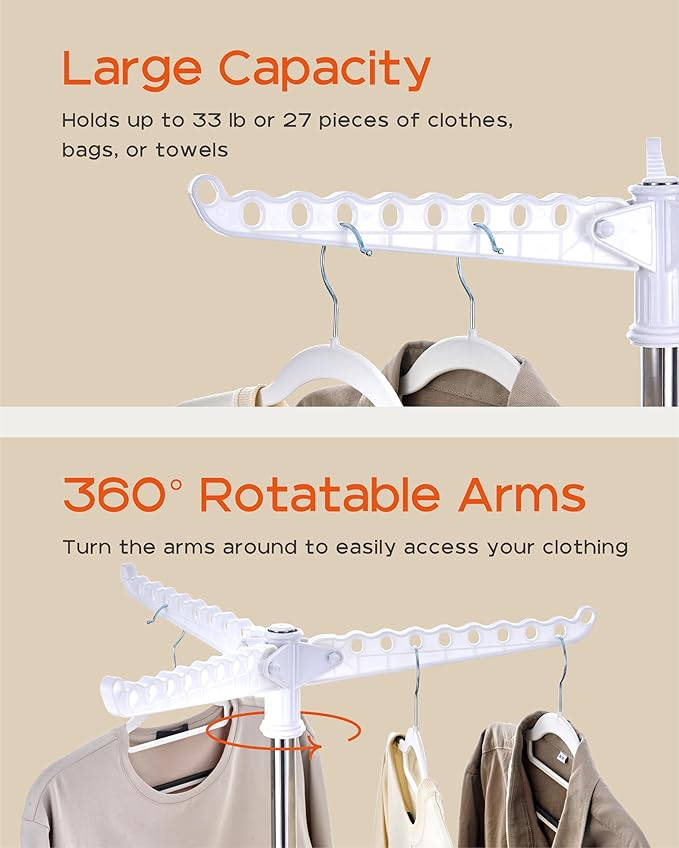 Clothes Drying Rack Foldable, 59 inch Tripod Laundry Drying Rack Indoor with Rotating Clothes Rail for 27 Pieces of Clothes, Space Saving, Stainless Steel, White and Silver CDR001W01