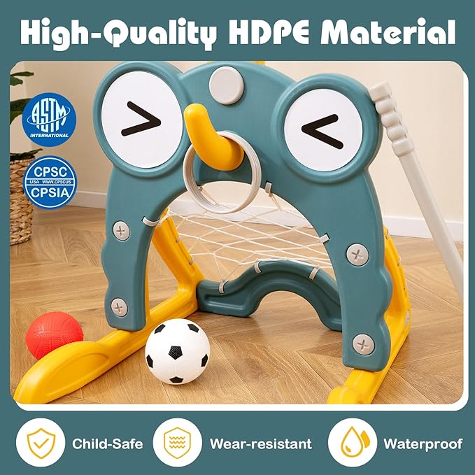 Costzon Toddler Basketball Hoop, 4-in-1 Kids Sports Activity Center with Rim, Soccer Goal, Golf, Ring Toss, Height Adjustable Kids Basketball Hoop with Fillable Base for Indoor Outdoor (Green Frog)