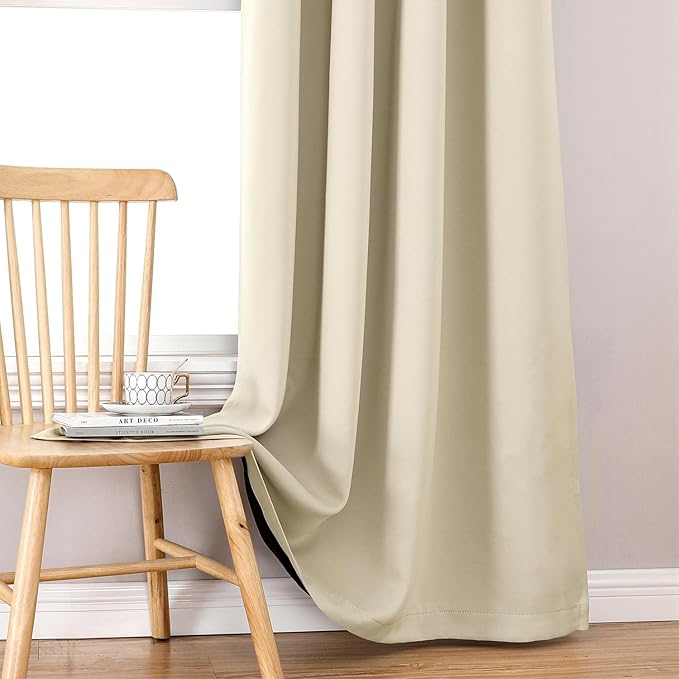 ChrisDowa 100% Blackout Curtains 63 inch Long for Bedroom with Black Liner, 2 Thick Layers Total Blackout Thermal Insulated Grommet Window Curtains 2 Panels Set (Light Beige, 52 x 63 Inch)