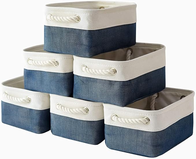 TcaFmac Organization and Storage Cubes - 12x8x5.2 inch Small 6 Pack Collapsible Storage Bins for Sheves, Fabric Storage Basket for Gifts Empty for Closet Cloth Toy Kids Books(White & Jean Blue)