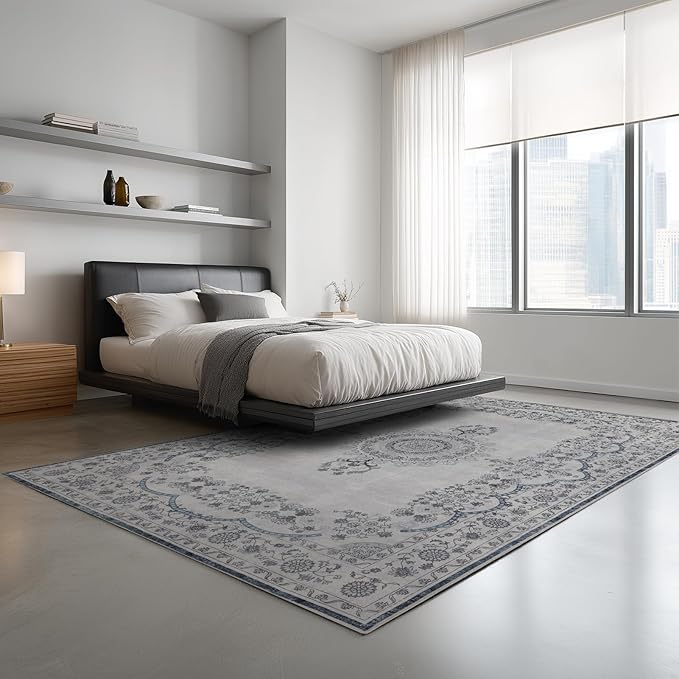 Washable Area Rugs 8x10, Large Rugs for Living Room, Carpet for Bedroom, Soft Faux Wool Retro Dining Room Rug, Non-Slip Backing Resistant Low Pile Vintage Print Rug for Home Office (Grey/Blue)