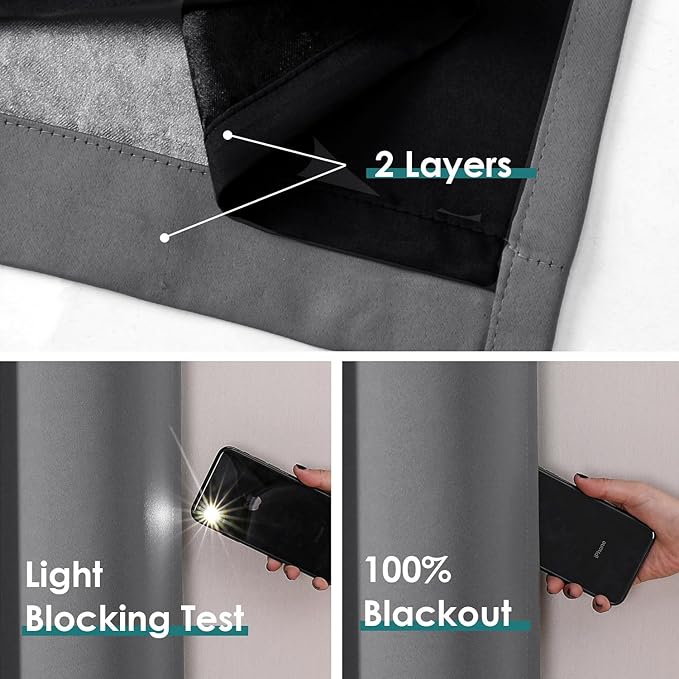 ChrisDowa 100% Blackout Curtains for Bedroom with Black Liner, 2 Thick Layers Total Blackout Thermal Insulated Grommet Window Curtains 2 Panels Set (Grey, 52 x 63 Inch)