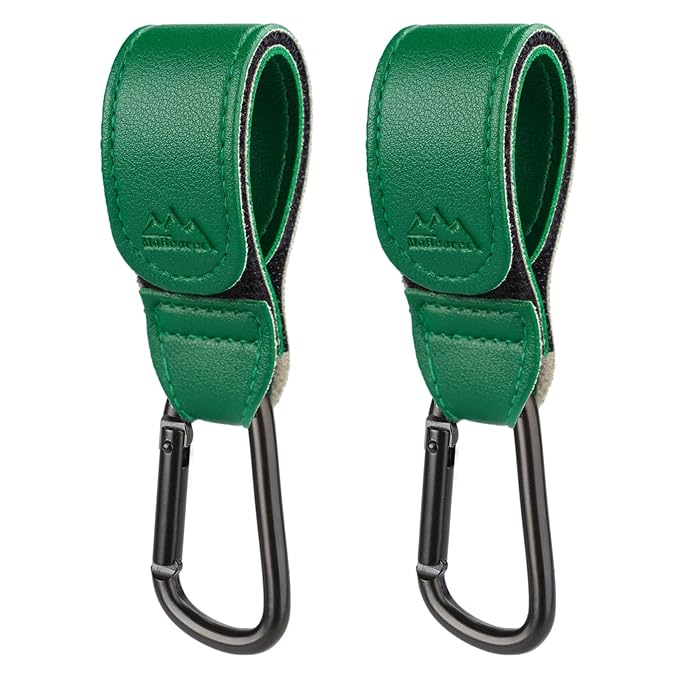 Baby Stroller Hooks Bag Hooks for Hanging Diaper Bags Multipurpose Hooks for Grocery Shopping Bags Premium Vegan Leather Pram Straps 2 Pcs (Green)